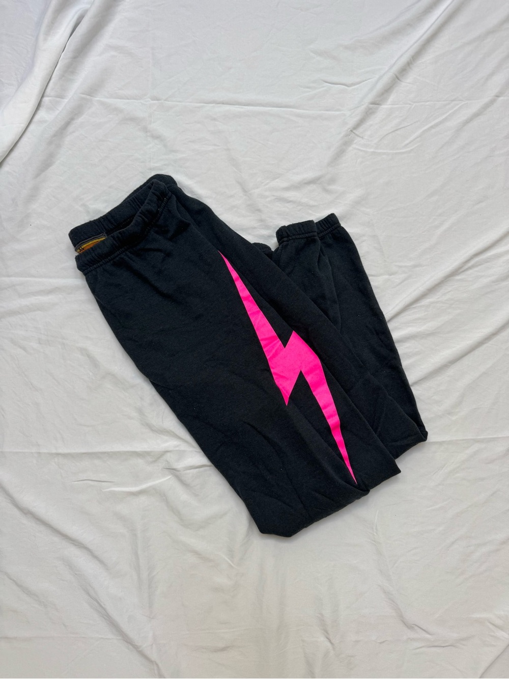 Aviator Nation Black Track Joggers with Hot Pink Lightning Bolt